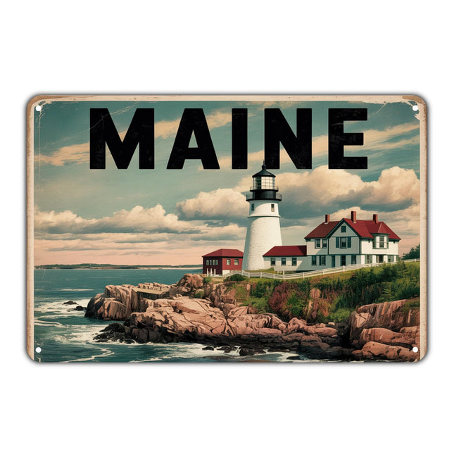 Maine Lighthouse tin sign Vintage Coastal Maine Metal Sign Print Aesthetic for Garden Yard Bar Porch Home Bedroom Kitchen Wall Decor Gift 8 x 12 in