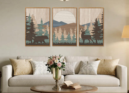 CHDITB 3Pcs Woodland Moose Bear Landscape Framed Canvas Wall Art 24x36 Inch
