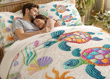 Sleepwish Queen Comforter Set 3D Sea Turtle, Quilt-Look & Embroidery-Look