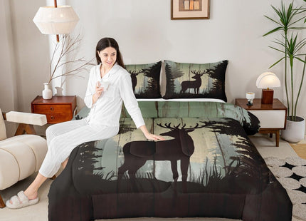 Castle Fairy Deer Hunting Comforter Set King Size,Rustic Farmhouse Wooden Bedding Set 3pcs for Kids Teens Adults Room Decor,Pine Botanical Animals Silhouette Quilted Duvet Retro Brown Bedspread