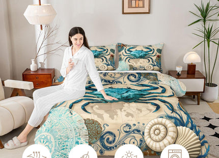 Sea Beach Theme Comforter Set Kids Beach Crabs Print Queen Bedding 3D Sea Animal Crab Luxury Microfiber Quilted Duvet Set with 2 Pillowcases,Soft Lightweight Marine Life Decorative Bedding Soft Fluffy
