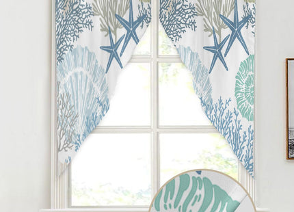 Swag Curtain Valances Nautical Coastal Ocean Coral Swag Valances for Kitchen Windows Beach Blue Teal Short Topper Curtains Tier Pair for Kitchen Bedroom Living Room Bathroom Cafe 36"x63"
