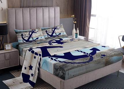Coastal Nautical Bedding Sets Queen Navy Blue Anchor Bed Sheets For Kids Boys Teen Rustic Farmhouse Wooden Board Sheet Set Retro Ocean Sailing Boat Fitted Sheet Retro Grey Flat Sheet 2 Pillow Cases
