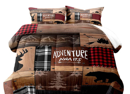 LUVIVIHOME 3PCS Cabin Comforter Set King Size, Rustic Farmhouse Bedding, Black Bear Deer Elk Moose Forest Animal Wildlife Hunting Country Brown Patchwork White Red Plaid Lodge Quilt, 2 Pillow Shams