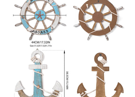 Asense Set of 2-17.4" Nautical Beach Wooden Ship Steering Wheel and 15.1" Wood Anchor with Rope, Boat Steering Rudder Wall Decor Door Hanging Ornament Beach Theme Home Decoration, Blue & White