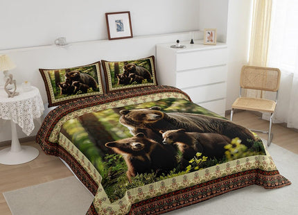 Black Bear Decor Comforter Set Twin Size,Rustic Cabin Wildlife Bear Duvet Insert for Kids Boys Girls Room Decor,Bohemia Exotic Flower Design Quilt Retro Country Style Inner Fill Bedding,Soft