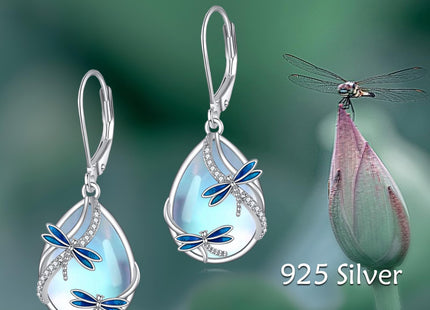 Dragonfly Earrings for Women Sterling Silver Dragonfly Jewelry Moonstone Dangle Earrings Leverback Earrings Gift for Women Teens