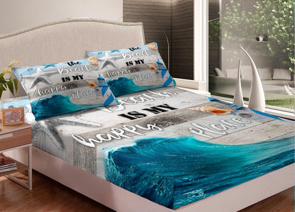 Blue Sea Wave Bedding Set Coastal Ocean Beach Fitted Sheet Twin for Girls Boys Kids,Lighthouse Gray Vintage Wooden Planks Bed Sheets,Marine Theme Under The Sea Shells Conch Starfish Sheets