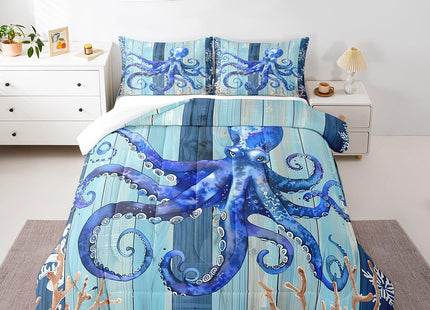 Erosebridal Blue Ocean Bedding Set Octopus Tentacles Comforter Set for Kids Child Wooden Plank Mandala Boho Floral Duvet Insert Under Sea Coral Reptile Duvet Filler Nautical Sea Animal Room Decor