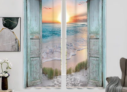 Beach Coastal Short Small Ocean Teal Living Room Bedroom Window Curtains