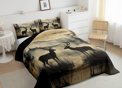 Erosebridal Rustic Deer Comforter Set for Kids Teens Adults, Woodland Animal Hunting Themed Twin Size Bedding Set, Nature Lake Scenery Duvet Insert Country Cabin Lodge Quilt, Black Reversible