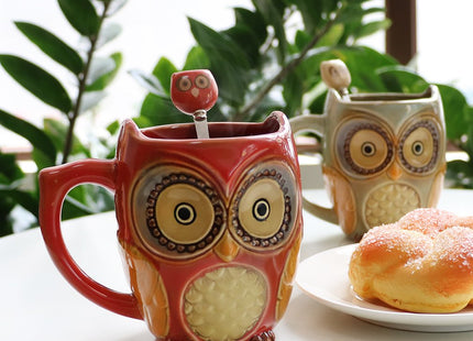 SQOWL Owl Coffee Mug Set of 2, Ceramic Coffee Mugs with spoons, 12 oz