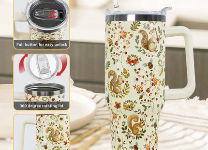 Nqhsionv Fall Squirrel Tumbler with Handle and Straw 40 oz Squirrel Cup Coffee Travel Mug Stainless Steel Insulated Water Bottle Cute Squirrel Stuff Decor Gifts for Squirrel Lovers Women Grils
