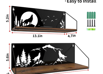Giftgarden Floating Shelves for Wall with Unique Howling Wolves Cutout, Rustic Wolf Decor Wood Iron Hanging Shelf Decoration for Bedroom Bathroom Storage Cabin Lodge, Black