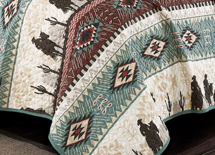 Jaba/WPM Western Teal/Beige/Burgundy Cowboy Desert Southwestern Print Bedspread 3 Piece west Theme Cabin Lodge Ranch Design Coverlet Quilt Set-Kadence 22366 (Queen), Teal, Beige, Taupe Burgundy