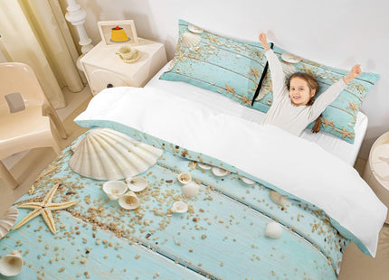 Homewish Seashell Starfish Duvet Cover Set Twin Size,Wood Stripes Bedding Set 2pcs for Kids Teens Girls Boys Room Decor, Beach Hawaiian Style Comforter Cover Summer Teal Quilt Cover with 1 Pillowcase