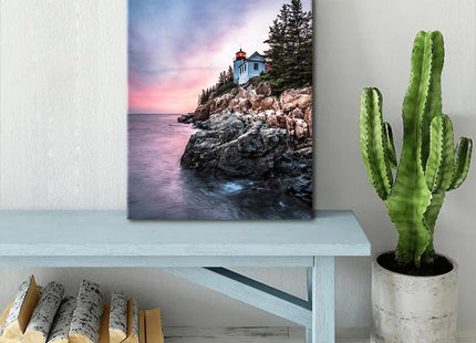 Lighthouse Wall Art Coastal Wall Decor Bass Harbor Beach Seascape Bathroom Decor Acadia National Park Poster Sunset Nautical Ocean Landscape Canvas Artwork Living Room Office Home Decoration 12x16"