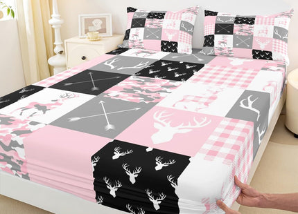 Camo Kids Sheet Twin,Deer Antler Silhouette Pink Camouflage Bedding Set for Boys Girls New Year Xmas Decor,Wild Animals Rustic Arrow Geometric Lattice Bed Sheet Set 3pcs(Fitted + Flat + 1 Pillowcase)