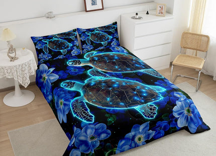 Glowing Teal Sea Turtle Down Comforter Blue Flowers Ocean Bedding Set Twin for Kids Child,Marine Life Reptile Comforter Set Coastal Creature Bed Quilt Botanical Floral Leaves Bedroom Decor