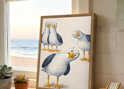 Funny Seagull Nursery Wall Art, Cute Bird Kids Room Wall Decor Painting Whimsical Coastal Animal Poster Canvas Prints Picture for Bedroom Living Room Bathroom 12x16 inch Wood Framed