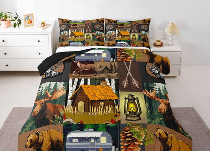 Bear Deer Moose Comforter Set Twin Rustic Farmhouse Camping Bedding Set For Adults Men Retro Camper Car Quilt Duvet For Cabin Lodge,Summer Camp House Pine Tree Woodland Animal Arrow Comforter 2 Pcs