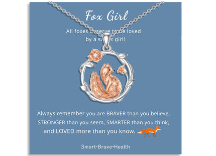 Fox Necklace for Women, Fox Gifts for Teens, Moon and Flower Design, Birthday, Graduation, Back to School, Easter Basket Stuffers (Fox Necklace-Round A)