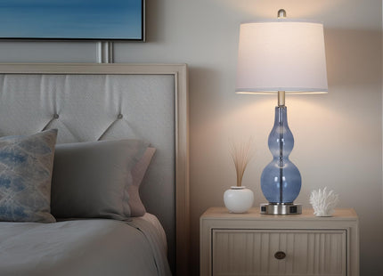 Rinweey 27.5" Coastal Blue Glass Double Gourd Table Lamp Set of 2,3-Way Dimmable Touch Control Bedside Lamps with USB Ports and AC Outlet, Nautical Nightstand Lamps for Bedroom Living Room