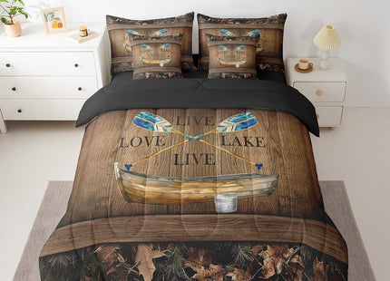 Erosebridal Lake House 7 Piece Comforter Set with Sheets Full Lake Paddle Boat Bedding Set Gifts for Men Women Kids,Rustic Cabin Camo Bed in A Bag Woodland Tree Branch Leaves Camouflage Bed Set