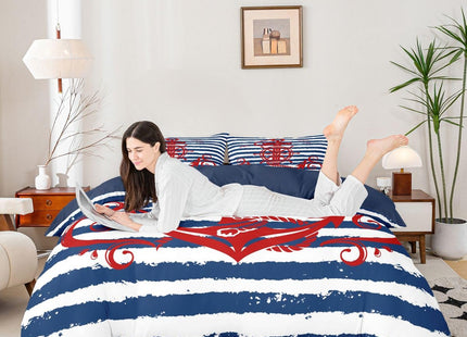 Anchor Comforter Cover Queen Size Nautical Compass Duvet Cover For Kids Boys Girls Teens, Geometric Stripes Bedding Set Ocean Sailboat Retro Theme Bed Set With 2 Pillow Cases, Navy Blue And Red