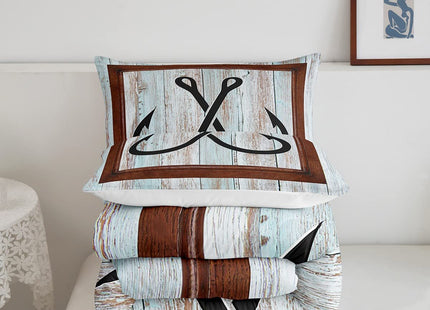 Lake House Fishing Theme Kids Comforter Set Queen Size,Fish Hook Anchor Nautical Bedding Set,Girls Boys Adults Room Decor,Teal Wooden Plank Rustic Down Comforter,Retro Duvet Insert,2 Pillowcases