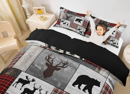 Erosebridal Hunting Deer Bear Bedding Set Twin, Rustic Elk Woodland Animal Comforter Cover Farmhouse Cabin Lodge Decor, Retro Wildlife Duvet Cover Red Black Buffalo Plaid Bedspread Cover, Grey