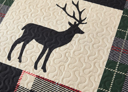 CHESITY Lodge Bedspread Twin Size,3 Piece Rustic Cabin Quilt Set Black Deer Bedspreads Coverlet Reversible Animal Printed Wildlife Patchwork Dark Green Beige Plaid Bed Cover Country Decor(68"x86")