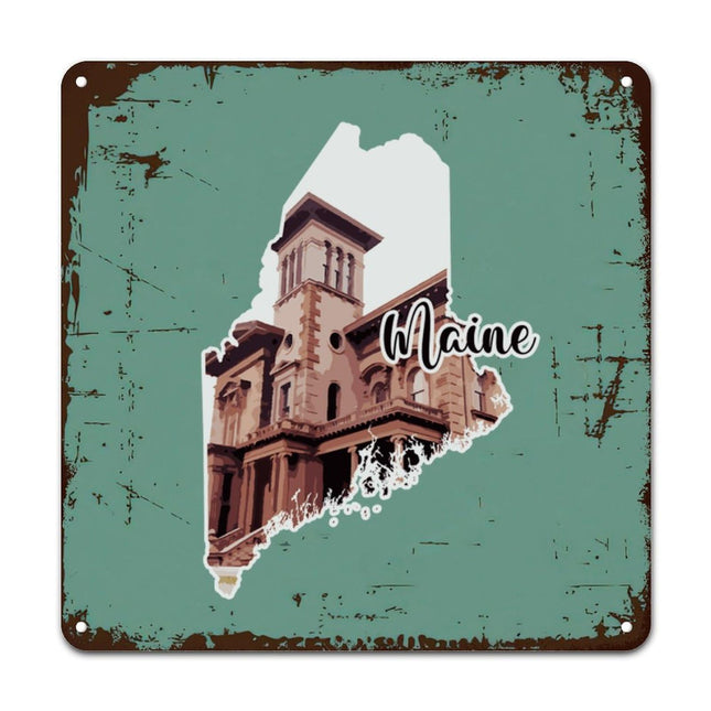 Woguangis Metal Sign Maine States Map Scenery America USA State Landscapes Plaque Maine Funny Metal Sign Vintage Wall Decoration Plaque for Outdoor Patio Yard Pool Garden Porch Garage 15x15in