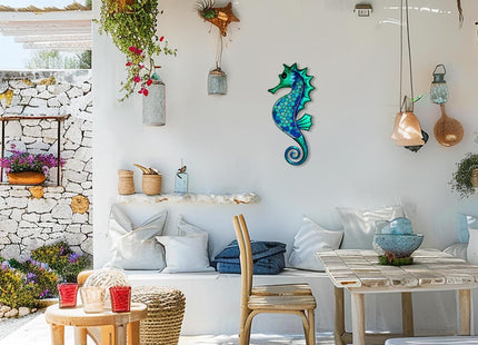LIFFY Metal Seahorse Wall Art Mosaic Glass Ocean Wall Decor Coastal Sculpture Hanging Decoration for Home Garden Fence Pool Beach Bathroom