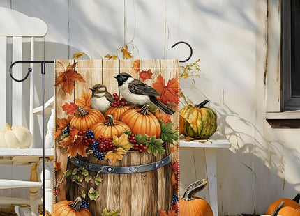 Fall Chickadee Garden Flag, Autumn Pumpkin Harvest Wooden Barrel Outdoor for Decor, Double Sided Burlap Maple Leaf Farmhouse Home Decor Yard Party Thanksgiving Decoration 12x18 Inch