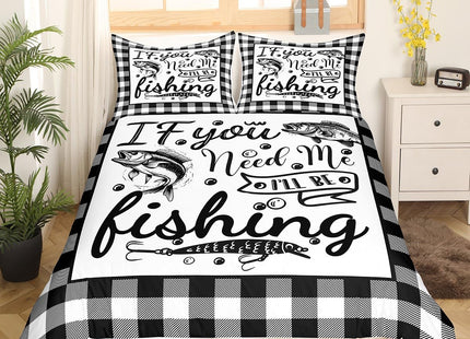 Pike Fish Duvet Cover, Hunting Fishing Comforter Cover for Kids Boys Teens Adult, Black White Geometric Plaid Grid Bedding Set Ocean Animal Sealife Quilt Cover with Zipper Corner Ties, Full