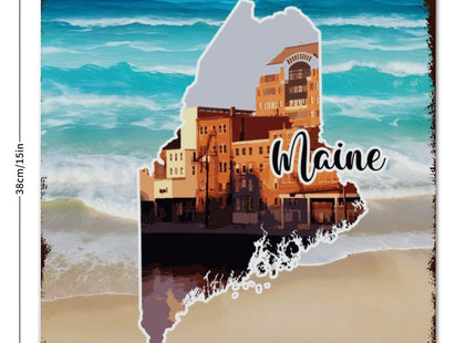 Woguangis Metal Signs Maine States Map Scenery America USA State Landscapes Plaque Maine Porch Decor Wall Art Plaque Retro Metal Tin Signs for Kid Room Living Room Garage Front Porch 15x15in