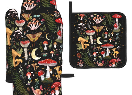 Black Mushroom Oven Mitts and Pot Holders Sets of 3 Witchy Hot Pads