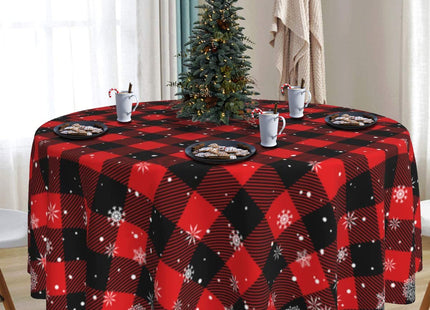 Christmas Snowflake Tablecloth 60 Inch Round Red Black Buffalo Plaid