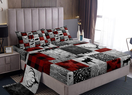 Erosebridal Deer Elk Antler Sheet Set for Kids Teens Adult,Grey Burgundy Rustic Bear Bed Sheets Twin,Buffalo Plaid Check Bedding Set,Vintage Hunting Animal Fitted Sheet + Top Sheet + 1 Pillowcase