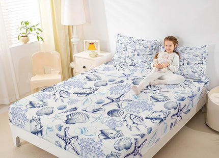 Homewish Coastal Sheet Set Twin Size,Beach Seashell Starfish Coral Bedding Set 3Pcs,Sea Ocean Theme Bed Sheet for Kids Teens Adult Bedroom Decor,Navy Sketch Nautical Fitted + Flat Sheet,1 Pillowcase