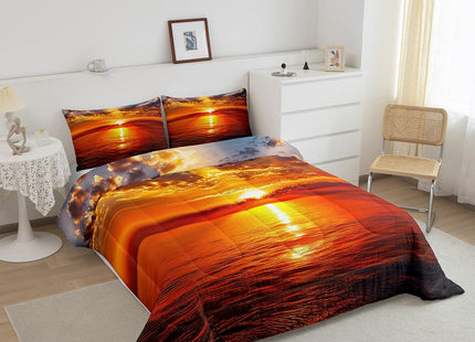 Manfei Sea Sunset Comforter Set Queen Size, Ocean Natural Landscape Bedding Set 3pcs for Kids Boys Girls Room Decor, Ocean Theme Down Comforter with 2 Pillowcases, No Sheets