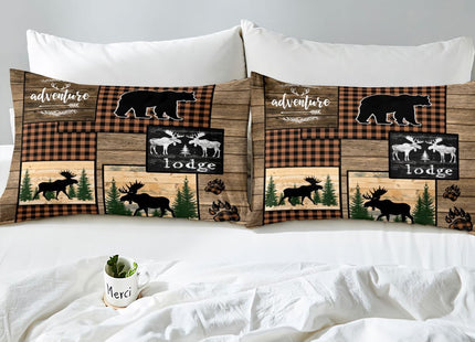 Erosebridal Retro Cabin Comforter Cover for Boys, Checkered Plaid Patchwork Duvet Cover King for Teens Adult Bedroom, Woodland Deer Bear Trees Bedding Set Country Farmhouse Moose Bed Cover, Brown