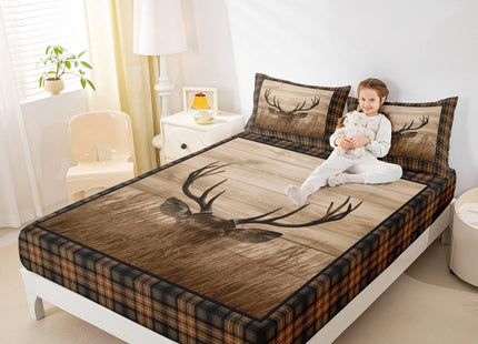 Castle Fairy Deer Antler Bed Sheet Set for Boys Girls,Rustic Farmhouse Wooden Board Barn Bed Sheet Set Full Size Bedding Set,Animal Retro Plaid Geometric Fitted Sheet and 1 Flat, 2 Pillow Sham