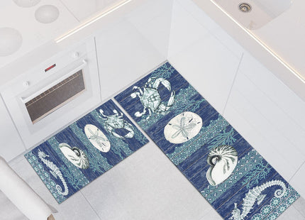 GUBIYU Kitchen Rugs Sets 2 Piece Floor Mats Sea Underwater Submarine Blue Crab Durable Doormat Nautical Ocean Animal Area Rugs Washable Runner Carpet Set Non Slip Fantastic Crab Kitchen Rugs and Mats
