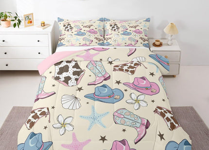 Erosebridal Cute Coastal Cowgirl Full Comforter Set,Pink Cowgirl Boots Hats Bedding Sets for Girls Kids,Blue Seashell Starfish Quilt Bed Set,Ocean Beach Room Decor with 2 Pillowcases