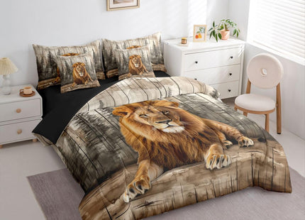 Erosebridal 3D Lion Bed in A Bag 7 Pcs Wildlife Hunting Theme Comforter Set for Kids Teens Forest Pine Tree Bedding Sets Queen Country Woodland Animal Sheet Set with Comforter