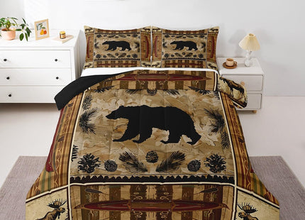 Feelyou Black Bear Comforter Set Toddler Western Rustic Cabin Bedding Tribal Forest Animals Comforter Elk Wildlife Hunting Down Bear Deer Patchwork Quilt Set Nordic Bedroom Decor