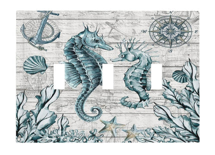 Seahorse Kelp Compass Anchor on Wooden Board 3 Gang Light Switch Covers Decorative Triple Toggle Wall Plate Electrical Faceplate Switchplate for Country Bathroom Bedroom Home Decor