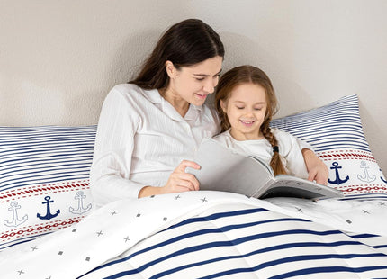Boys Geometric Striped Bedding Set Navy Blue Anchor Comforter Set Twin Size Nautical Themed Quilted Duvet 2pcs for Kids Teens Men Adults Room Decor Sea Adventure Duvet Insert White,1 Pillowcase